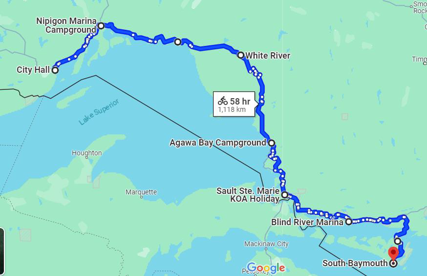 Bike route from Thunder Bay to Manitoulin Island. 